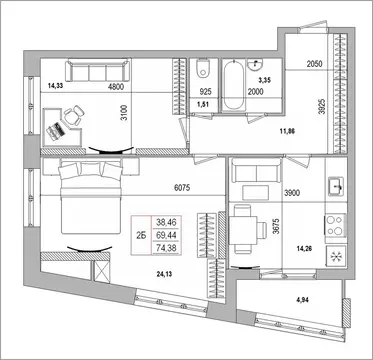 2-к кв. Белгородская область, Белгород Славянская ул. (74.38 м)