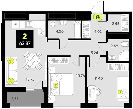 2-комнатная квартира: Тюмень, жилой комплекс Мотивы (62.87 м)