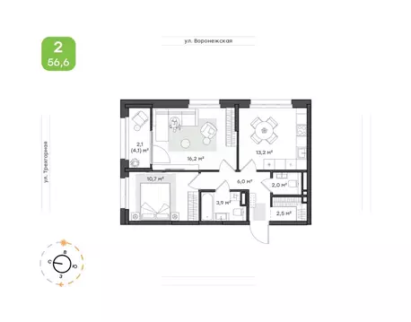 2-к кв. Хабаровский край, Хабаровск Воронежская ул., 163 (56.6 м)