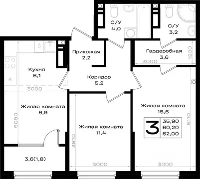 3-к кв. Ростовская область, Аксай просп. Аксайский (62.0 м)