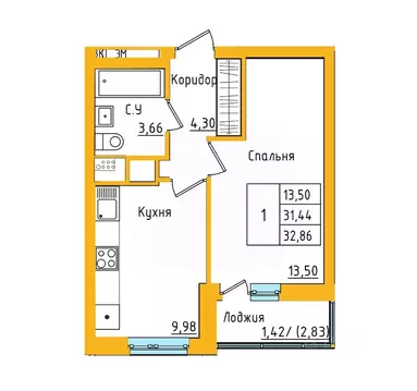 1-к кв. Башкортостан, Уфа ул. Валерия Лесунова, 18 (32.73 м)