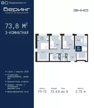 3-комнатная квартира: Тюмень, Ленинский округ, ЖК Беринг (73.8 м)
