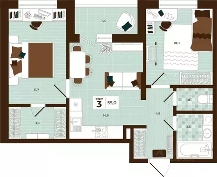 3-к кв. Тульская область, Тула ул. Академика Насоновой, 3 (55.0 м)