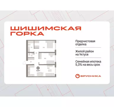 2-комнатная квартира: Екатеринбург, улица Гастелло, 18 (72.8 м)