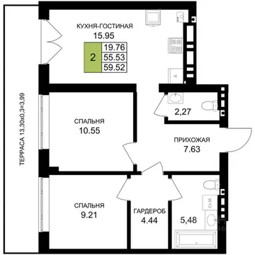 2-к кв. Калининградская область, Гурьевск Включи жилой комплекс (59.52 ...