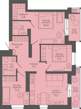 3-к кв. Волгоградская область, Волгоград Трехгорная ул., 27 (84.0 м)