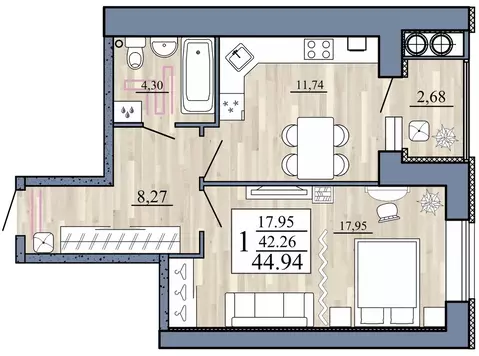 1-к кв. Рязанская область, Рыбное  (44.94 м)
