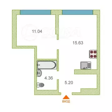 1-комнатная квартира: Тюмень, улица Василия Малкова, 10 (36.4 м)