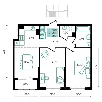 3-к кв. Адыгея, Майкопский район, пос. Тульский  (63.17 м)