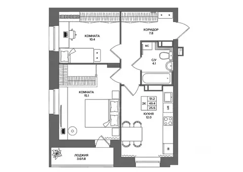 2-к кв. Пермский край, д. Кондратово  (51.2 м)