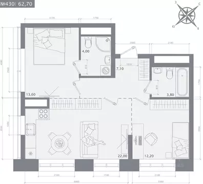 2-к кв. Татарстан, Казань 1712 жилой комплекс (62.7 м)