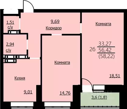2-к кв. Ярославская область, Ярославль Красноборская ул., 38к2 (58.22 ...