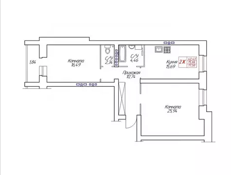 2-к кв. Вологодская область, Череповец Устюженская ул., 14 (77.5 м)