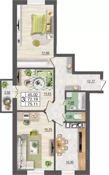 3-к кв. Смоленская область, Смоленск Максимум жилой комплекс (75.11 м)