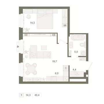 1-к кв. Башкортостан, Уфа Родина Парк жилой комплекс (49.4 м)