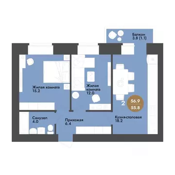 2-к кв. Вологодская область, Вологда ул. Преображенского (56.9 м)