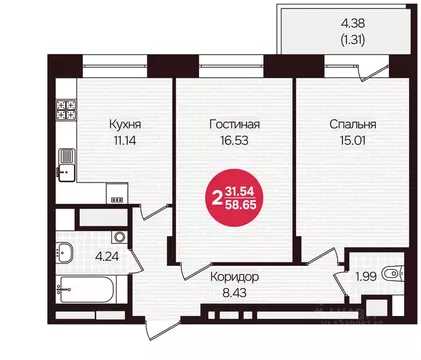 2-к кв. Чувашия, Чебоксары Фруктовая ул., поз1 (58.65 м)