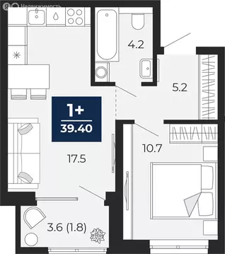 1-комнатная квартира: Тюмень, проезд Капитана Куликова, 3 (41.2 м)