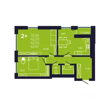 2-к кв. Башкортостан, Уфа ул. Майора Доставалова, 11 (62.7 м)