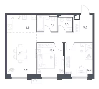 2-к кв. Москва Верейская 41 жилой комплекс, 3.1 (57.85 м)