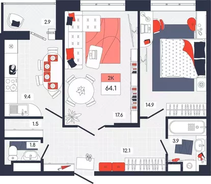 2-к кв. Тульская область, Тула ул. Академика Насоновой, 9 (64.1 м)