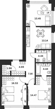2-к кв. Тульская область, Тула Прайм Сойфера жилой комплекс (80.3 м)