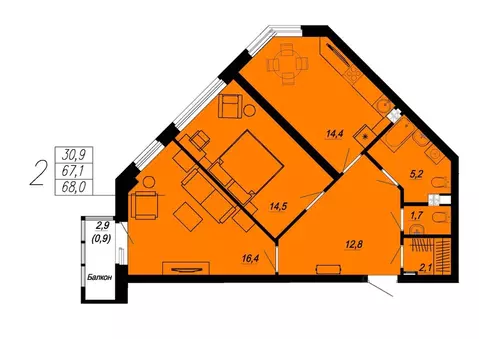 2-к кв. Свердловская область, Екатеринбург ул. Блюхера, 93 (66.0 м)