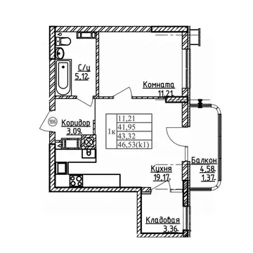 1-к кв. Калининградская область, Калининград ул. Дубовая Аллея (43.32 ...