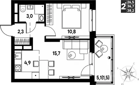 Студия Пермский край, д. Кондратово просп. Дягилева, 3 (38.2 м)