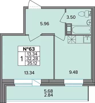 1-комнатная квартира: Ленсоветовский, 19к2 (35.12 м)