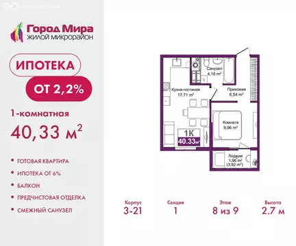 1-комнатная квартира: Симферополь, улица Батурина, 177к3 (40.33 м)