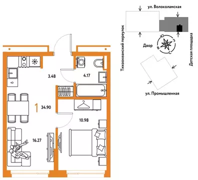 1-комнатная квартира: Тюмень, улица Мельникайте, 42к1 (34.9 м)