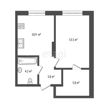 1-комнатная квартира: Тюмень, Новгородская улица, 20 (38.3 м)