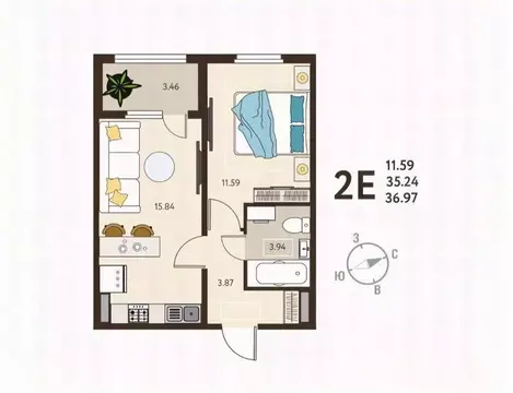 1-к кв. Курская область, Курск ул. Энгельса, 115 (37.0 м)