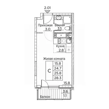 1-к кв. Приморский край, Владивосток ул. Расула Гамзатова, 7к3 (28.3 ...