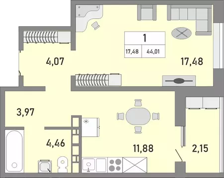 1-к кв. Оренбургская область, Оренбург ул. Юркина, 4/1 (44.01 м)