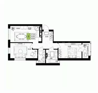 2-к кв. Калининградская область, Гурьевск Включи жилой комплекс (68.9 ...