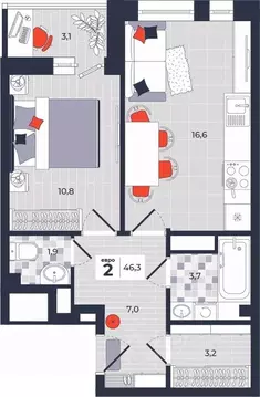 2-к кв. Тульская область, Тула ул. Академика Насоновой, 1А (46.3 м)