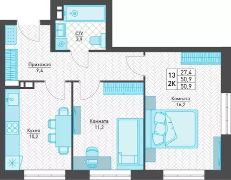 2-к кв. Пермский край, Пермь ул. Архитектора Свиязева, 48А (50.9 м)