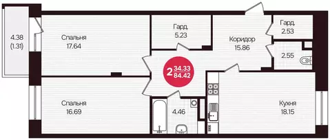 2-к кв. Чувашия, Чебоксары Фруктовая ул., поз1 (84.42 м)