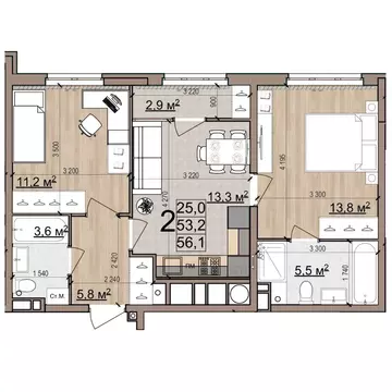 2-к кв. Рязанская область, Рязань Еврокласс жилой комплекс (56.1 м)