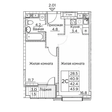 2-к кв. Приморский край, Владивосток ул. Расула Гамзатова, 7к2 (43.9 ...