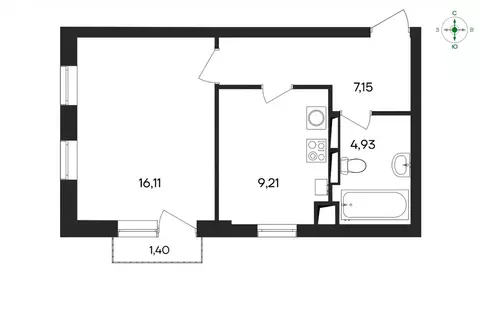 1-комнатная квартира: Заозёрное, Олимпийская улица, 2 (38.8 м)