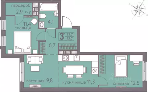 Студия Пермский край, Пермь ул. Серебристая, 5 (58.7 м)