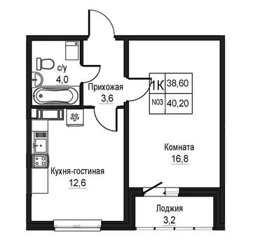 1-комнатная квартира: Нижний Новгород, ЖК Торпедо (38.6 м)