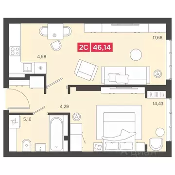2-к кв. Новосибирская область, Новосибирск Аэропорт мкр,  (46.14 м)