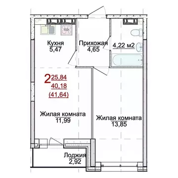 2-к кв. Ярославская область, Ярославль Аэропарк жилой комплекс (41.63 ...