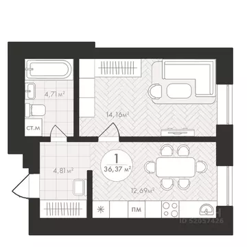 1-к кв. Башкортостан, Уфа Южный-2 мкр,  (36.37 м)