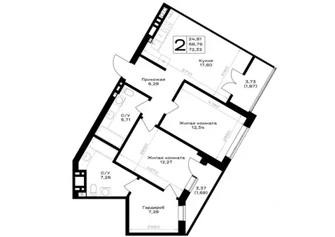 2-к кв. Калининградская область, Гурьевск Включи жилой комплекс (72.32 ...