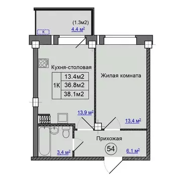 1-к кв. Псковская область, Псковский район, Завеличенская волость, д. ...